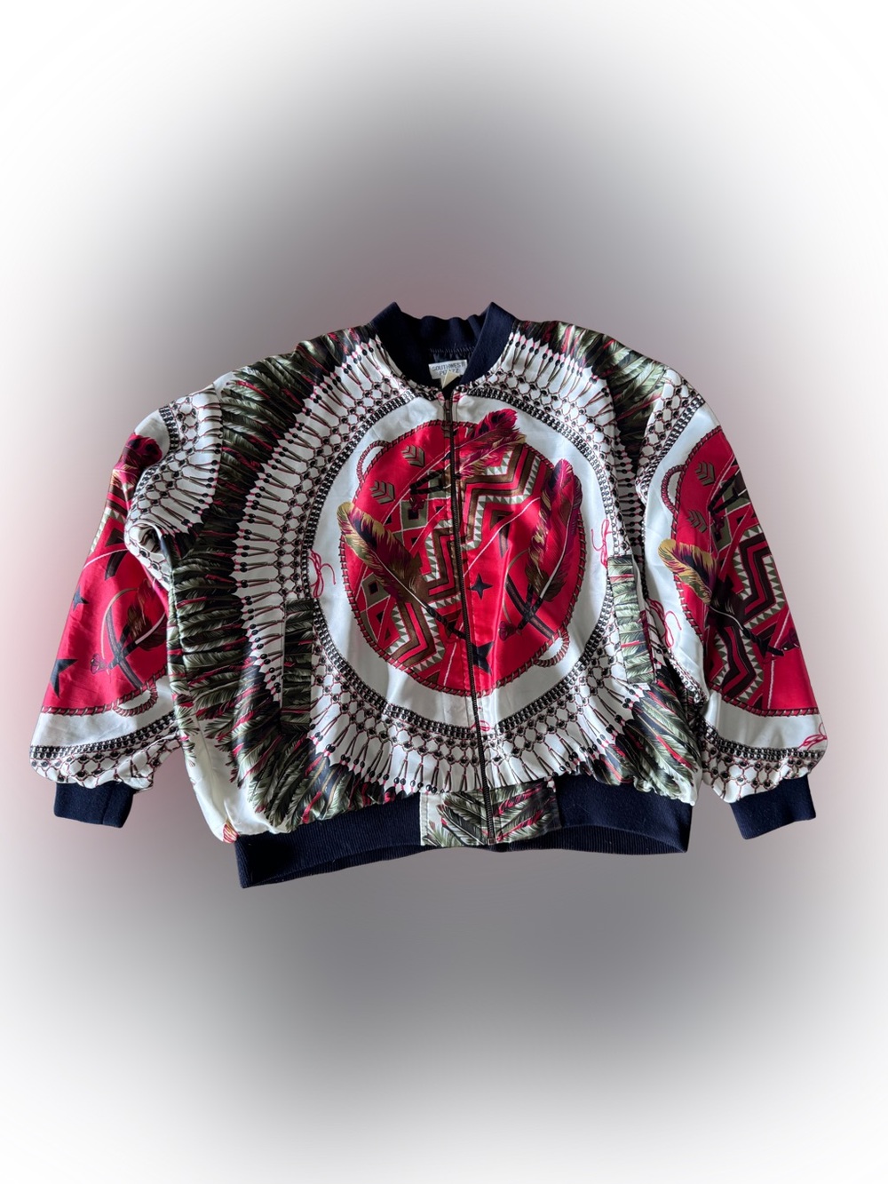 90’s Southwest Pizazz Print Bomber Jacket in Red, White & Black